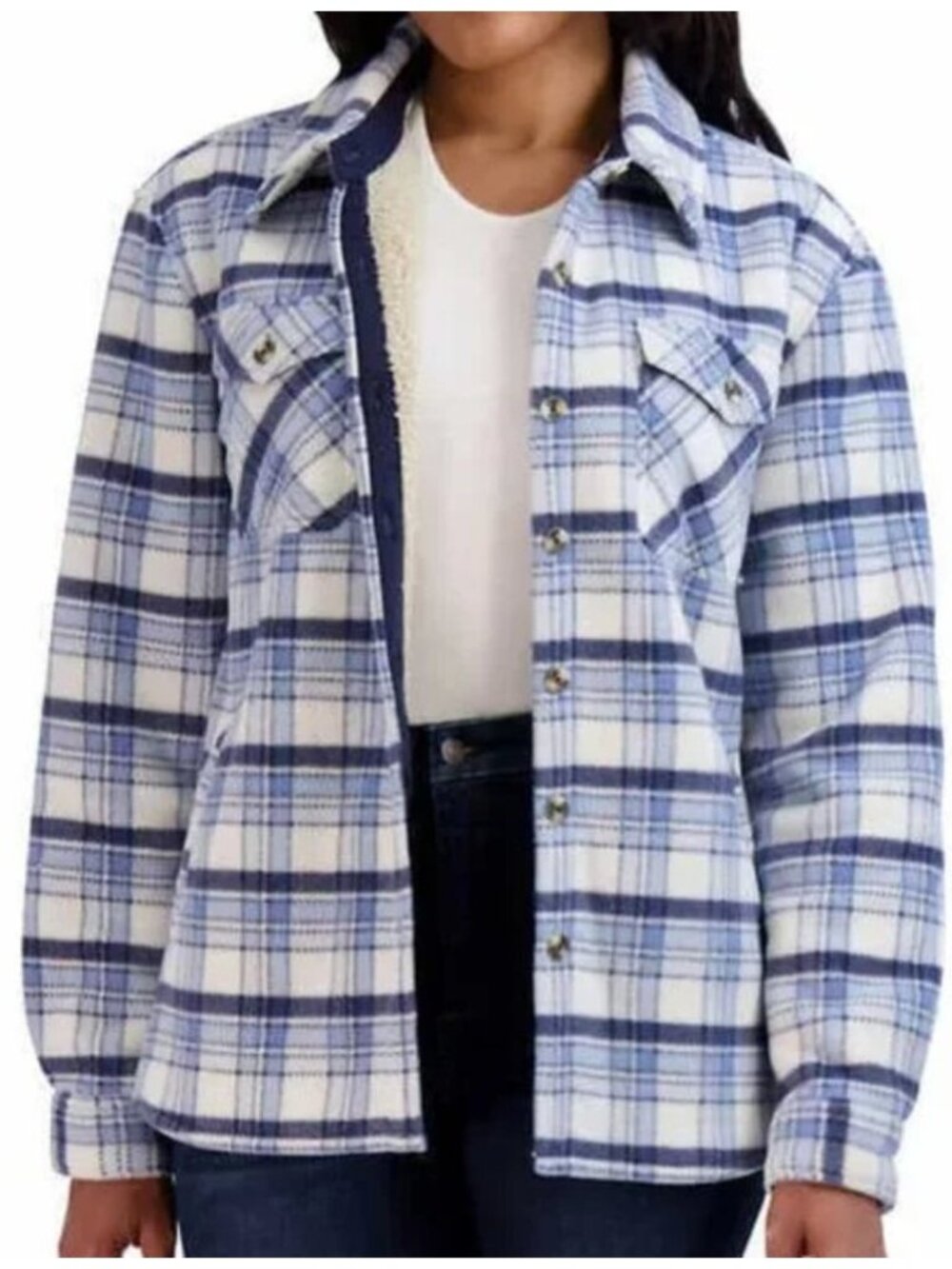 Sage Women’s Plaid Shirt Jacket, Plush Lined, Button Front, Size L, Blue NWT
